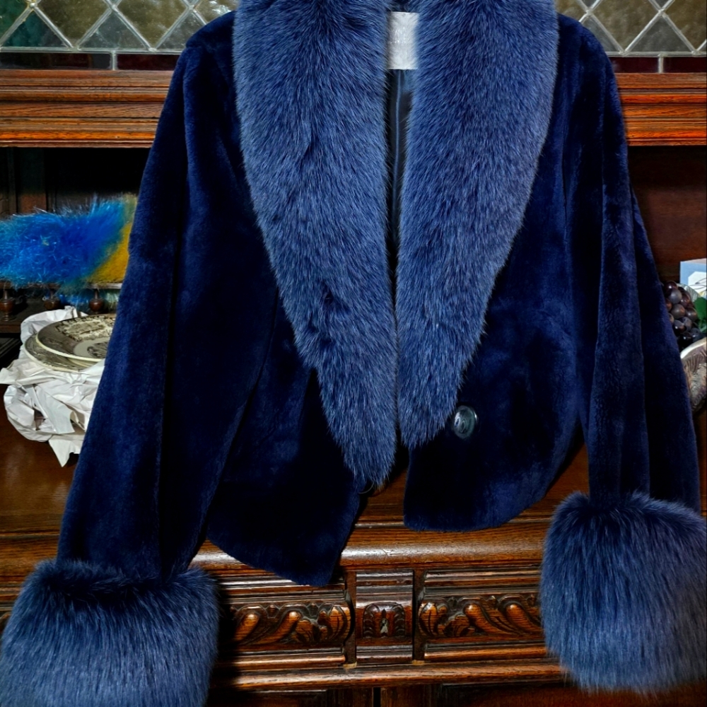 Navy Blue Beaver Coat with Royal Blue Fox fur Trim and Open Front Design